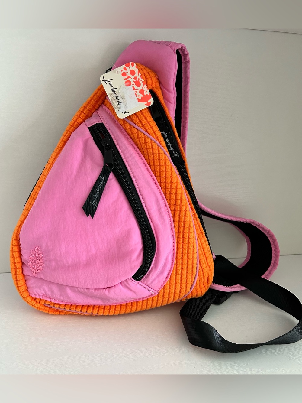 NWT Free People FP Movement Cold Shoulder Sling Bag bubblegum pink nylon sunset